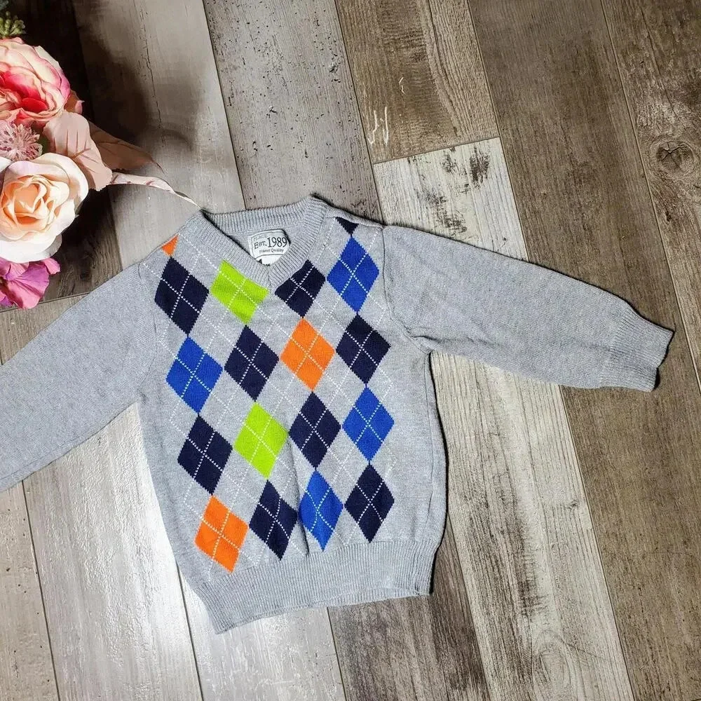 PLACE Est. 1989 V-Neck Toddler Boy Argyle Knit Sweater Gray Size 18-24M